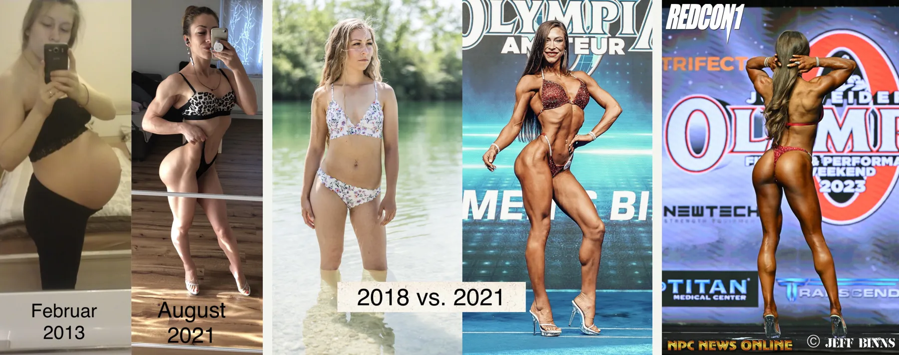 Lisa Reith 2013 schwanger, 2018 vor dem Aufbau und 2023 auf der Olympia-Bühne